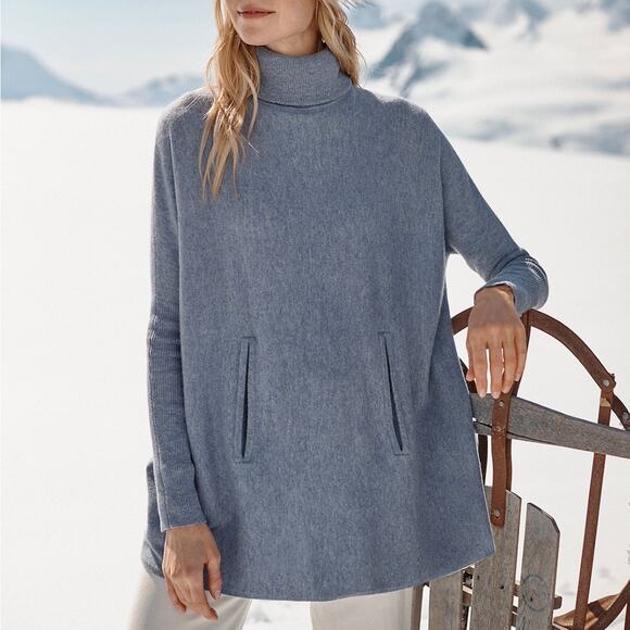 Garnet Hill Wool Cashmere Oversized Turtleneck Sweater Thistle Blue Heather M - Picture 6 of 6